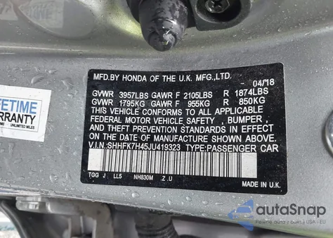 2018 Honda Civic Sport from USA, damaged, VIN SHHFK7H45JU419323